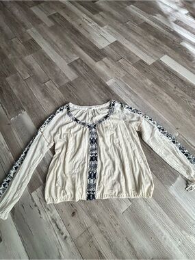 Anthropologie Cream Peasant Blouse with Navy Embroidered Trim